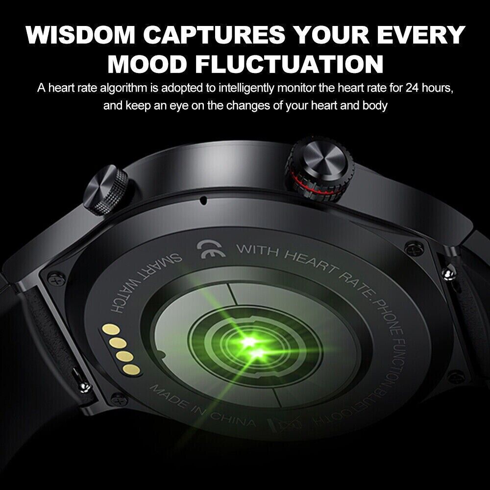 Montre intelligente noire avec capteur de fréquence cardiaque, affichage lumineux vert, bracelet en cuir, technologie de suivi santé 24h.