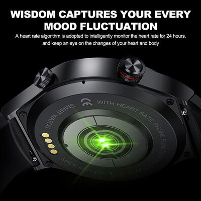 Montre intelligente noire avec capteur de fréquence cardiaque, affichage lumineux vert, bracelet en cuir, technologie de suivi santé 24h.