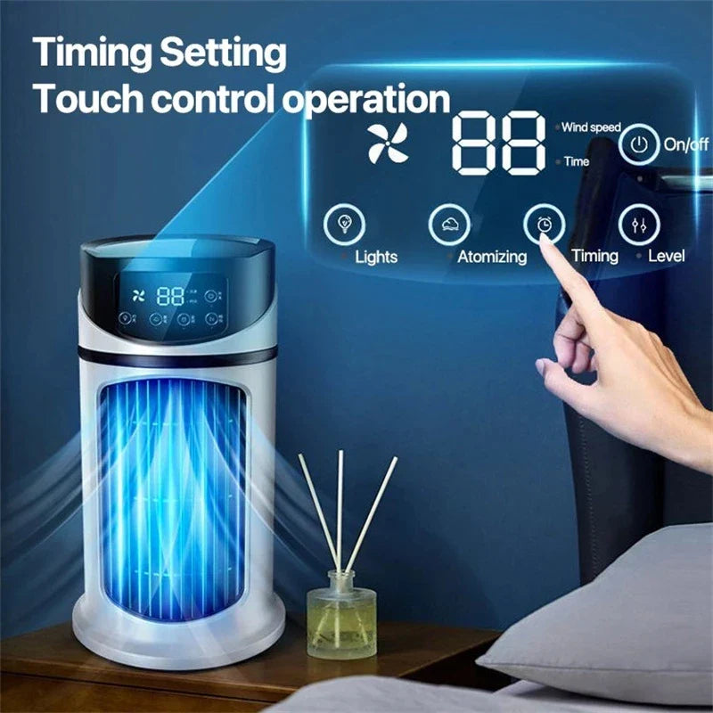 Purificateur d'air intelligent avec écran tactile, affichant les réglages de vitesse du vent, atomisation, minuterie et niveaux, à côté d'un lit.