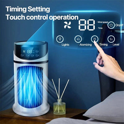 Purificateur d'air intelligent avec écran tactile, affichant les réglages de vitesse du vent, atomisation, minuterie et niveaux, à côté d'un lit.