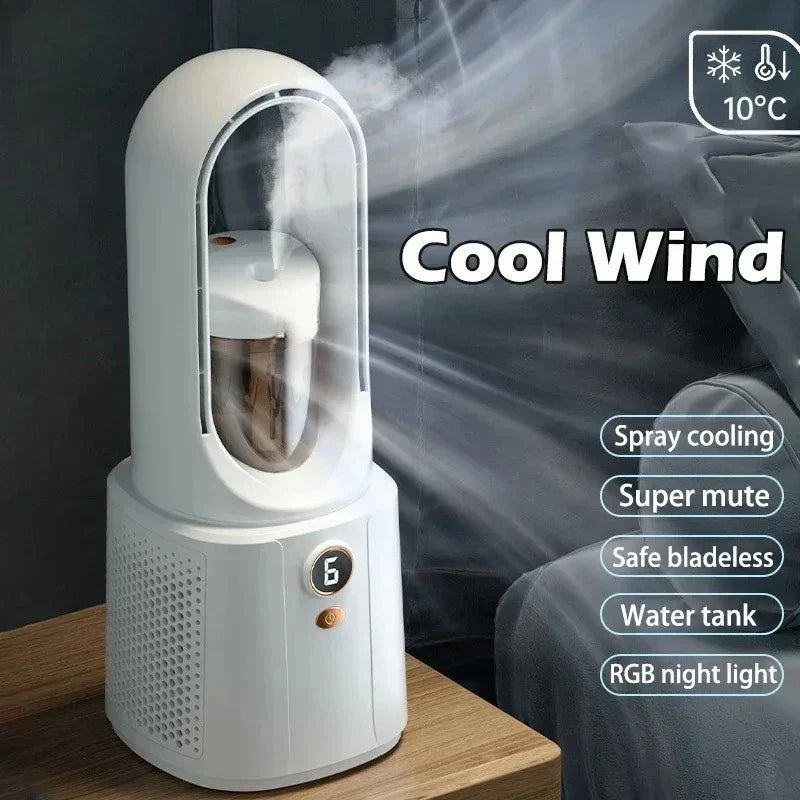 Ventilateur de chambre à coucher sans feuilles avec refroidissement par pulvérisation & veilleuse - Mini-refroidisseur d'air silencieux pour un meilleur sommeil en été