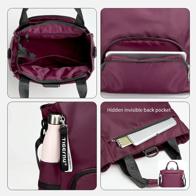 Sac à dos violet multifonction avec poches zippées, compartiment pour ordinateur portable, porte-bouteille et poche arrière cachée. Accessoire pratique et élégant.