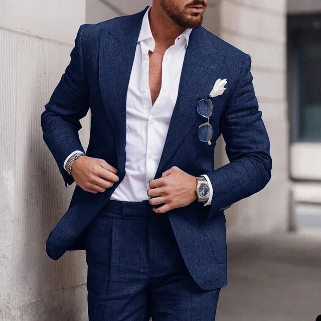 Costume de mariage 2 pièces en lin pour hommes - boutonnage simple