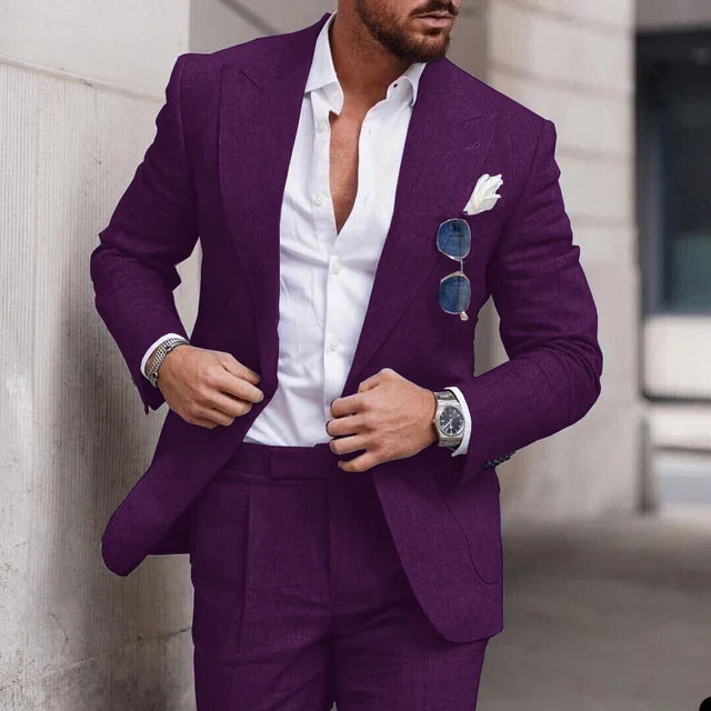 Costume de mariage 2 pièces en lin pour hommes - boutonnage simple