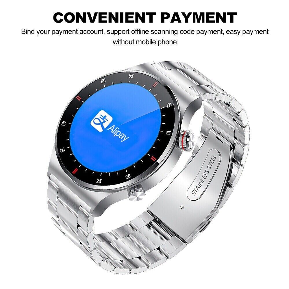 Montre intelligente en acier inoxydable avec écran Alipay, paiement facile sans smartphone, bracelet argenté, technologie moderne.