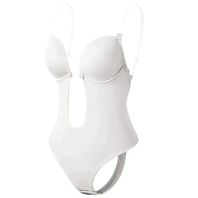 Body blanc sans dos avec bretelles transparentes, design échancré, idéal pour tenues élégantes et confortables. Lingerie féminine moderne.