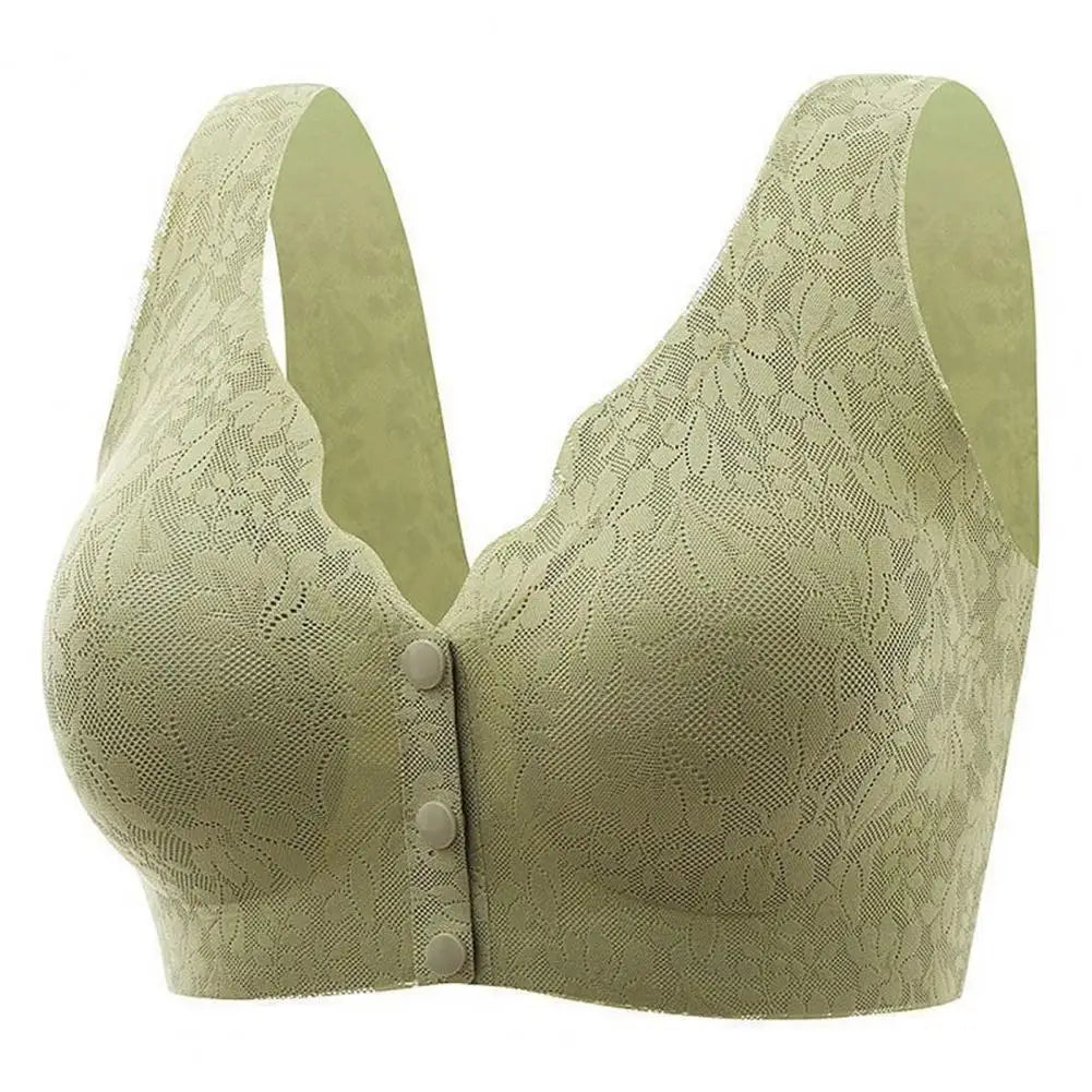 Soutien-gorge en dentelle verte, sans armature, avec fermeture avant à boutons. Design élégant et confortable pour un maintien optimal.