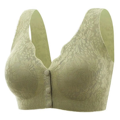 Soutien-gorge en dentelle verte, sans armature, avec fermeture avant à boutons. Design élégant et confortable pour un maintien optimal.