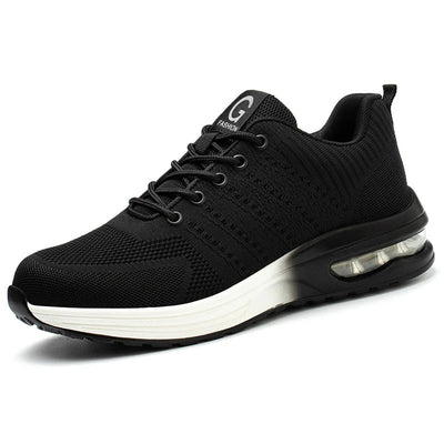 Chaussure de sport noire pour homme avec semelle amortissante, design moderne et lacets noirs. Idéale pour course et fitness.