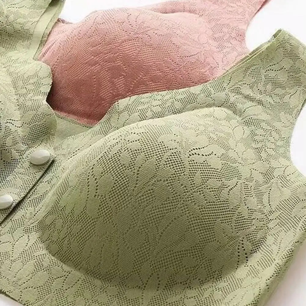 Soutiens-gorge en dentelle verte et rose, sans armature, avec motifs floraux. Lingerie féminine élégante et confortable.