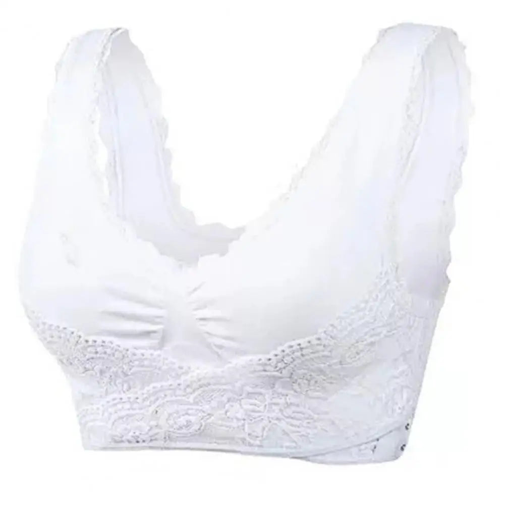 Soutien-gorge blanc en dentelle, sans armature, avec bretelles larges. Lingerie féminine confortable et élégante.