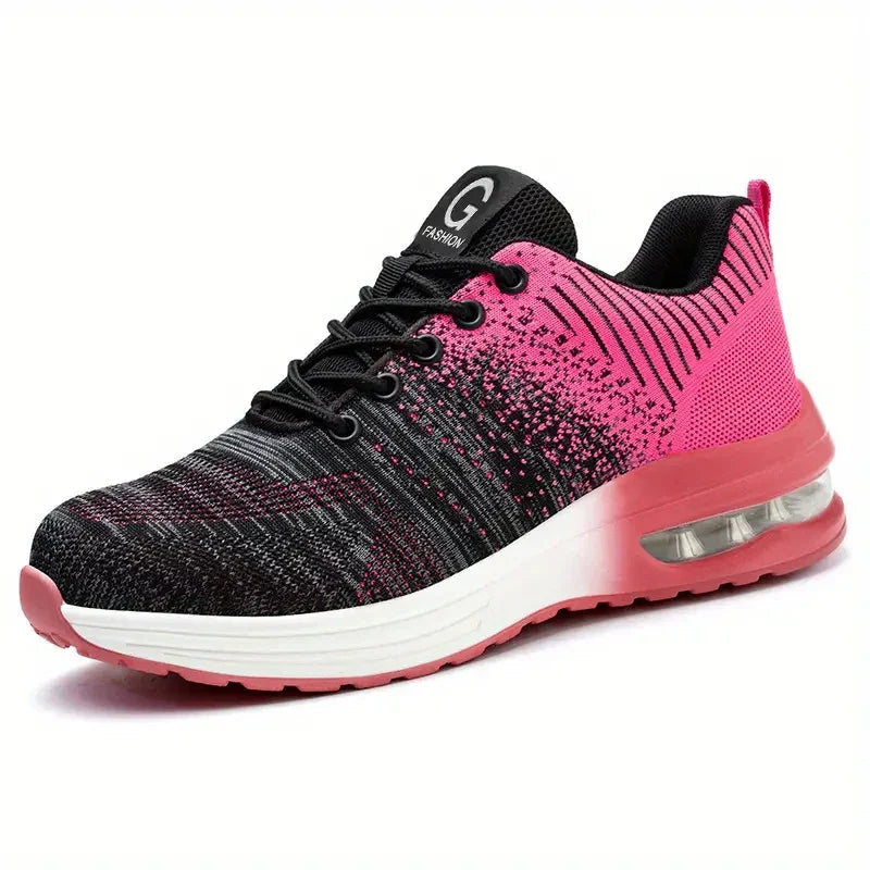 Chaussure de sport femme, design moderne noir et rose, semelle amortissante, lacets noirs, idéale pour course et fitness. Confort et style tendance.