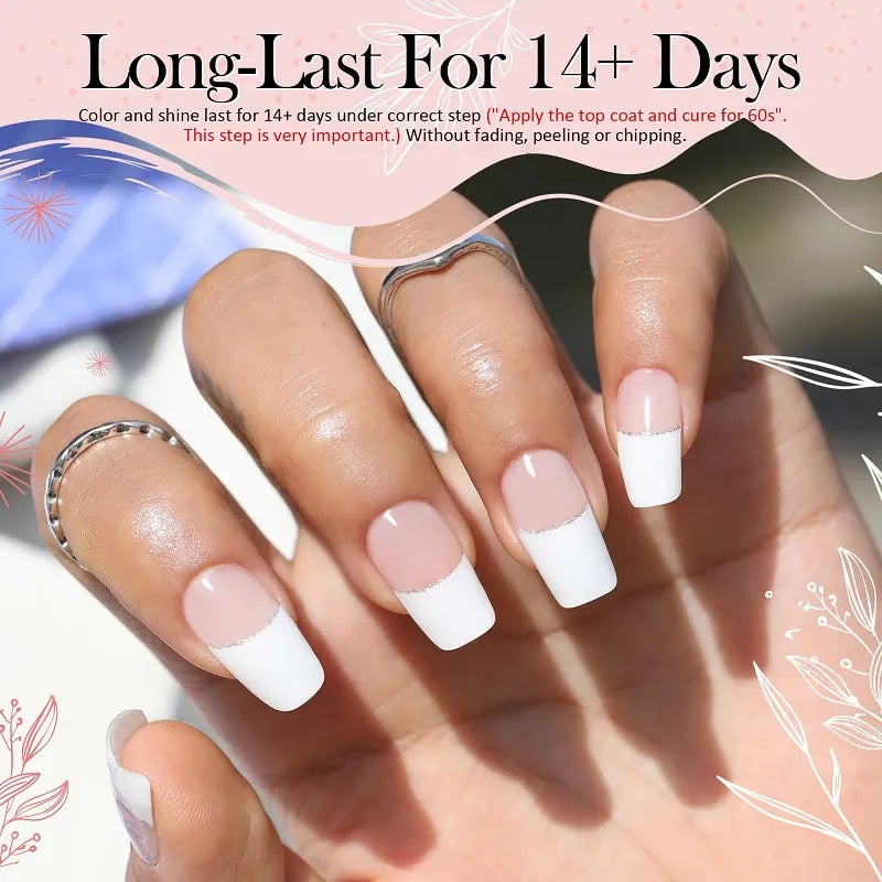 Mains avec manucure française, ongles longs et brillants, bagues argentées, fond floral. Manucure durable 14 jours, sans écaillage ni décoloration.