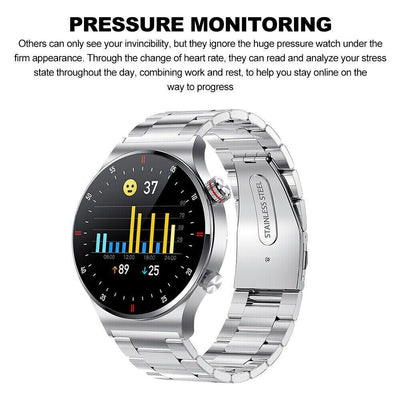 Montre connectée en acier inoxydable avec écran affichant des graphiques de pression et fréquence cardiaque, suivi santé, technologie avancée.
