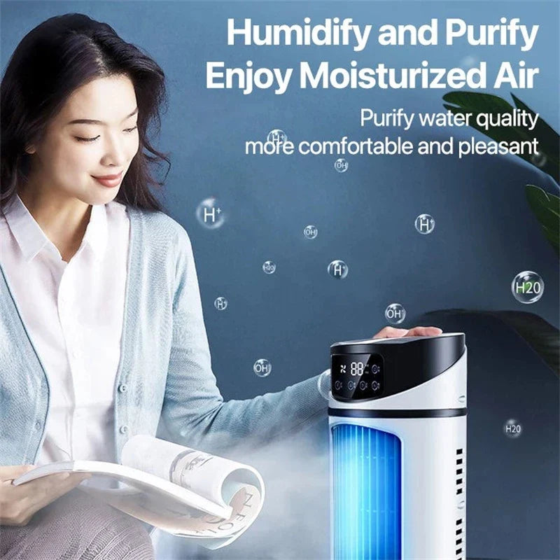Femme souriante utilisant un purificateur d'air moderne avec affichage numérique, bulles d'eau flottantes, texte sur humidification et purification de l'air.