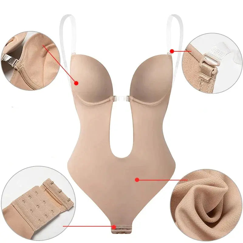 Body sculptant beige avec bretelles réglables, agrafes renforcées et tissu extensible. Lingerie gainante pour silhouette affinée et maintien optimal.