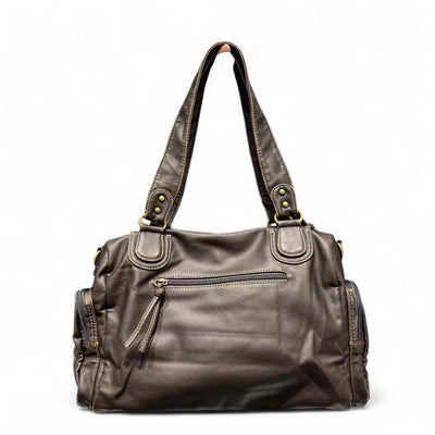 Sac à main en cuir marron avec fermeture éclair frontale, anses robustes et détails métalliques dorés. Accessoire mode élégant et pratique.