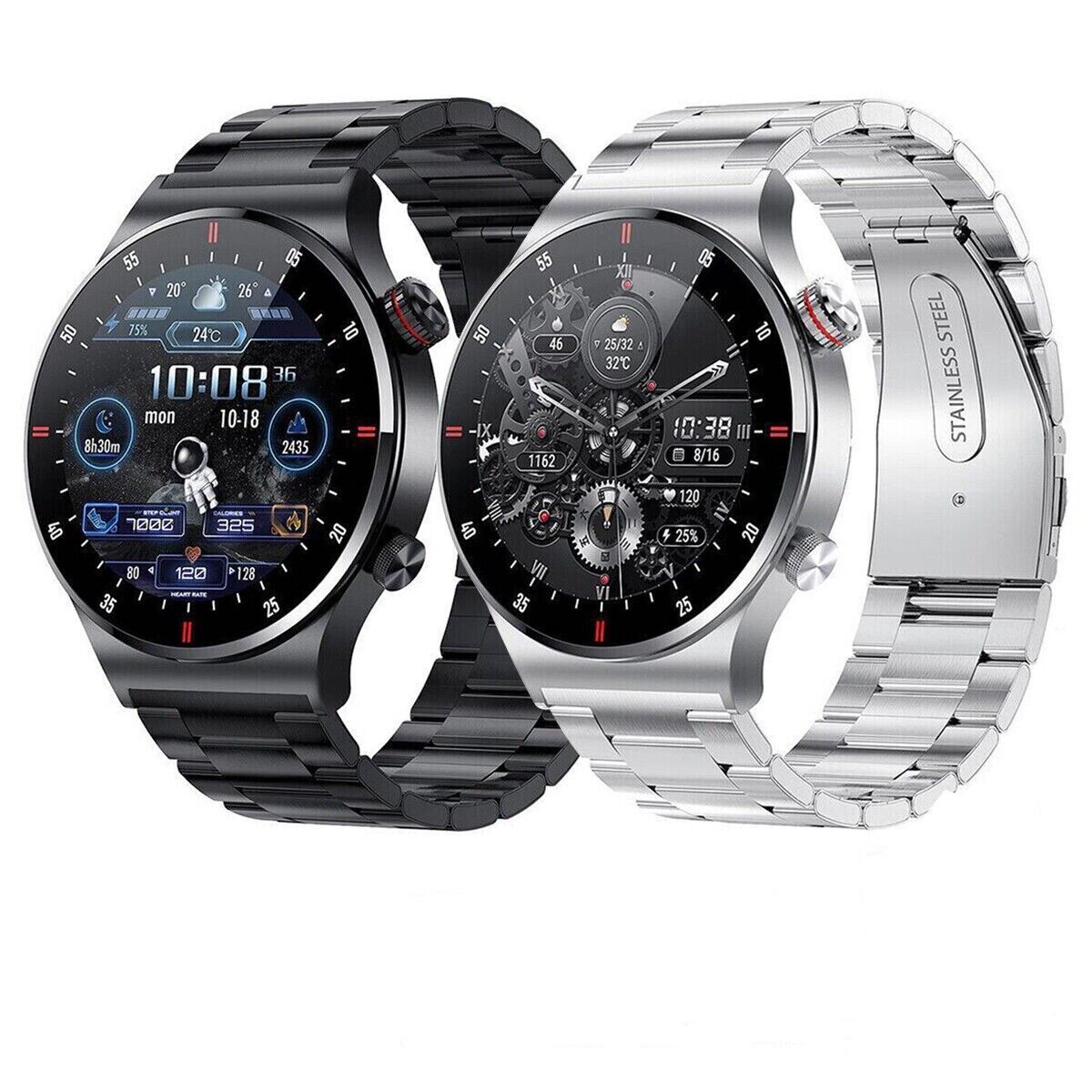 Montres connectées en acier inoxydable noir et argent, affichage numérique et analogique, design moderne, bracelet métallique, technologie avancée.