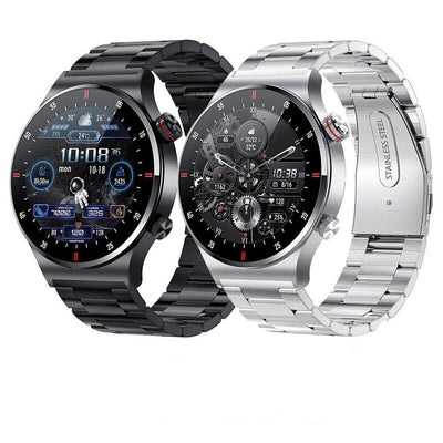 Montres connectées en acier inoxydable noir et argent, affichage numérique et analogique, design moderne, bracelet métallique, technologie avancée.