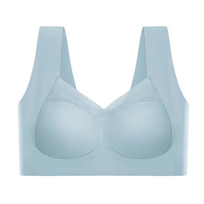 Soutien-gorge bleu clair sans couture, design moderne, bretelles larges, confort optimal, lingerie féminine, style minimaliste, tissu doux.