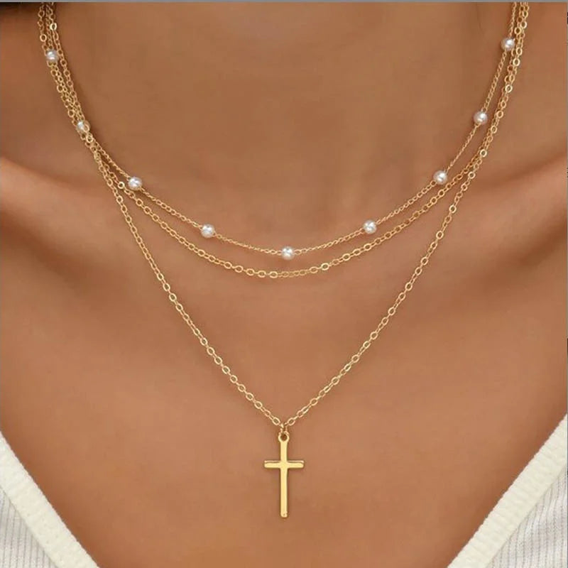 Lily | 3-layer gold and silver necklace with heart or cross pendant