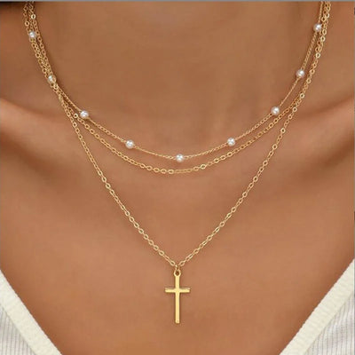 Lily | 3-layer gold and silver necklace with heart or cross pendant