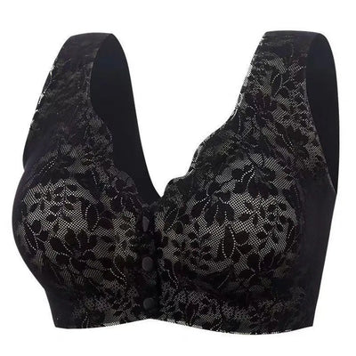 Soutien-gorge en dentelle noire, design floral élégant, sans armature, fermeture à boutons, lingerie féminine confortable et sexy.