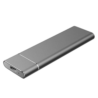 Boîtier SSD externe en aluminium gris, design fin et moderne, avec port USB-C. Accessoire informatique portable pour stockage rapide et sécurisé.