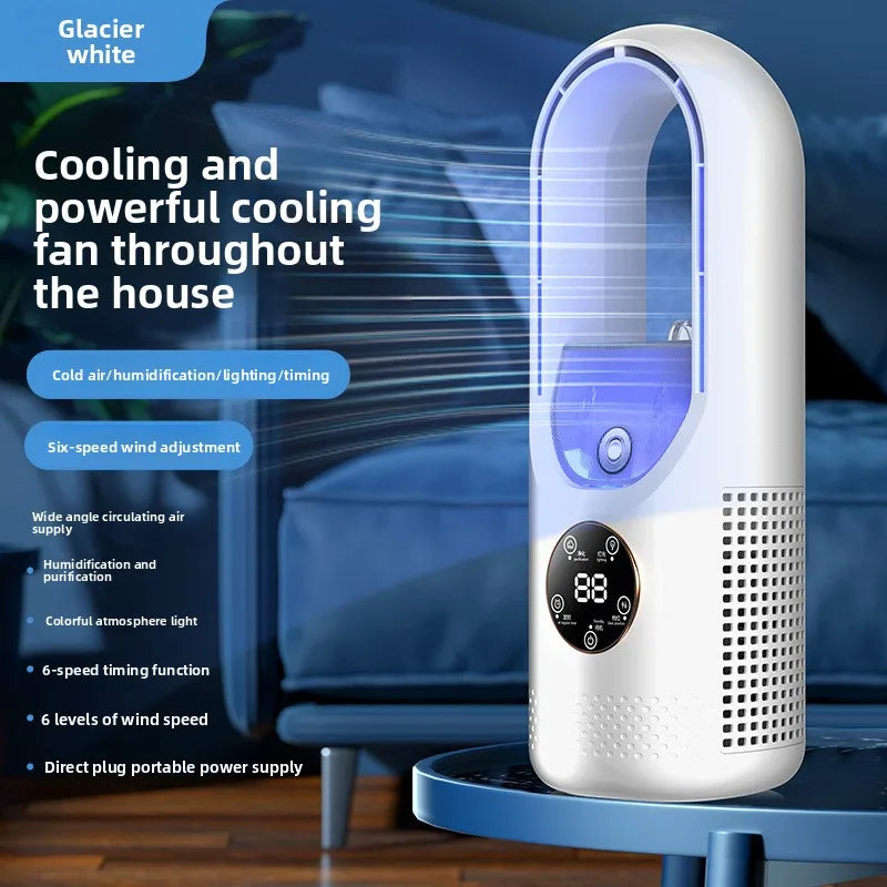 Ventilateur sans pales avec humidificateur & lumière RGB - Silencieux & sans fil pour la maison & les voyages