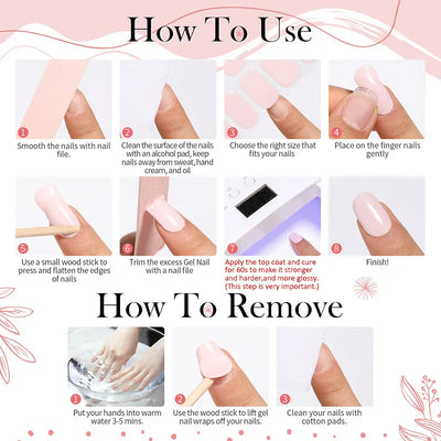 Guide étape par étape pour appliquer et retirer des ongles en gel. Inclut des instructions sur le lissage, le nettoyage, l'application et le retrait.