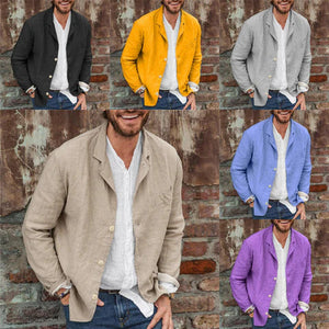 Homme portant une veste en lin décontractée dans différentes couleurs : noir, jaune, gris, beige, bleu, violet. Mode masculine, style élégant.