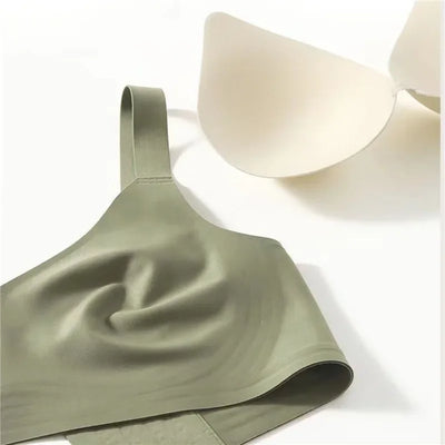 Soutien-gorge sans couture vert olive avec coques amovibles, design minimaliste, lingerie confortable pour femmes, mode sous-vêtements tendance.