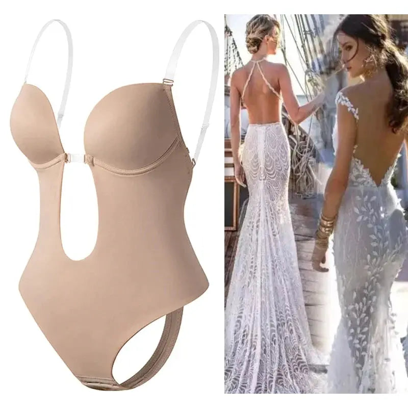 Body sculptant beige avec bretelles transparentes à côté de deux femmes en robes de mariée dos nu en dentelle, style élégant et moderne.