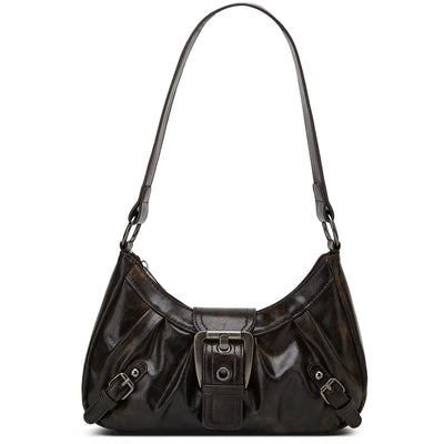 Sac à main en cuir marron foncé avec bandoulière, boucle décorative et détails plissés. Accessoire mode élégant pour femme.