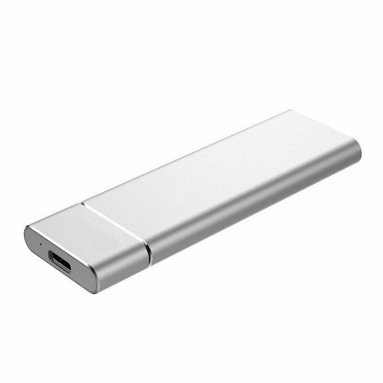 Boîtier SSD externe USB-C en aluminium argenté, design compact et moderne, idéal pour le stockage portable haute vitesse et la protection des données.