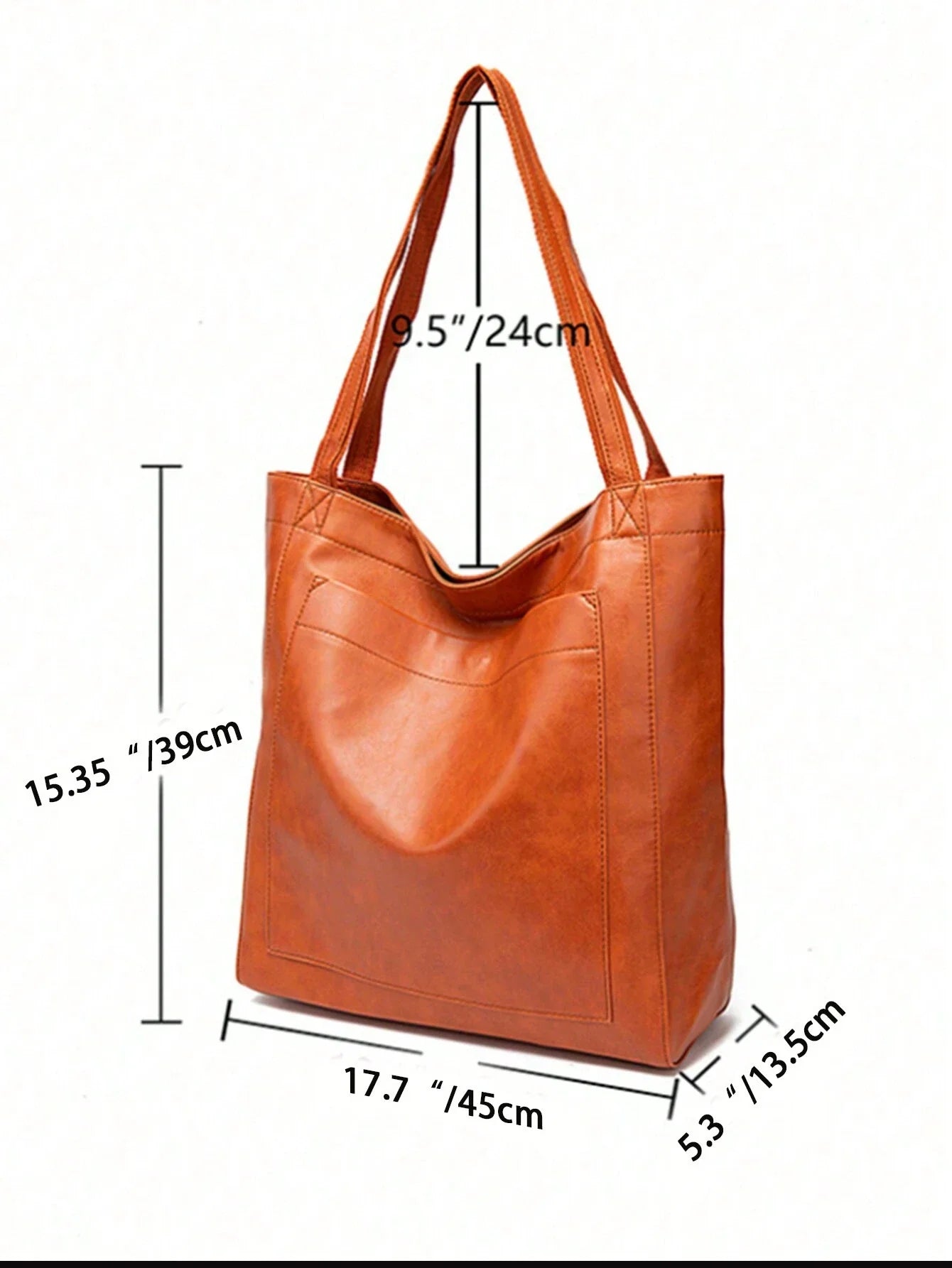 Sac à main en cuir marron avec anses longues, dimensions: 45cm x 39cm x 13,5cm. Élégant et spacieux, idéal pour le quotidien et le shopping.