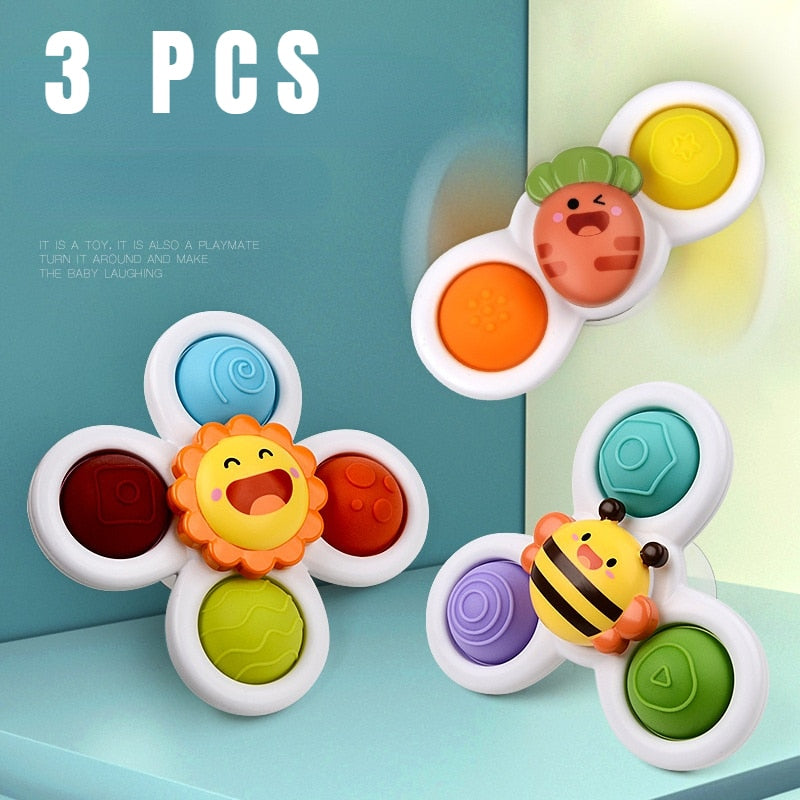 Jouets sensoriels pour bébés, lot de 3 toupies colorées avec motifs d'animaux mignons, stimulation tactile et visuelle, développement précoce.