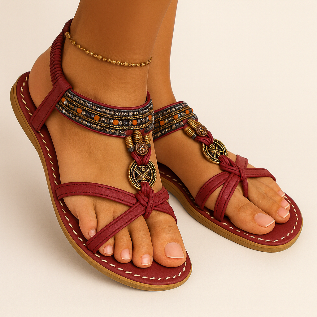Red Women's Boho Summer Sandals with Beaded Straps and Heeled Strap