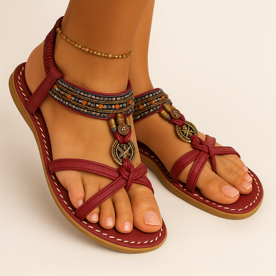 Red Women's Boho Summer Sandals with Beaded Straps and Heeled Strap