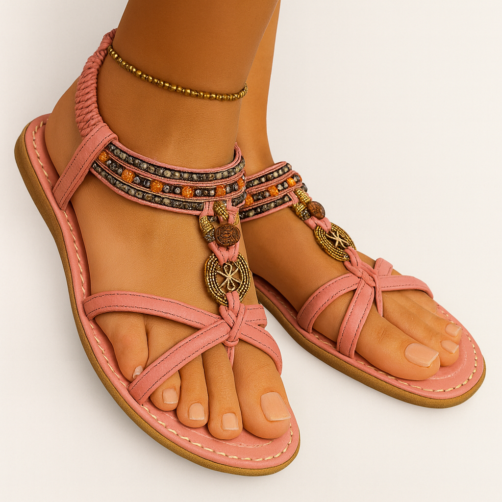 Pink Women's Boho Summer Sandals with Beaded Straps and Heeled Strap
