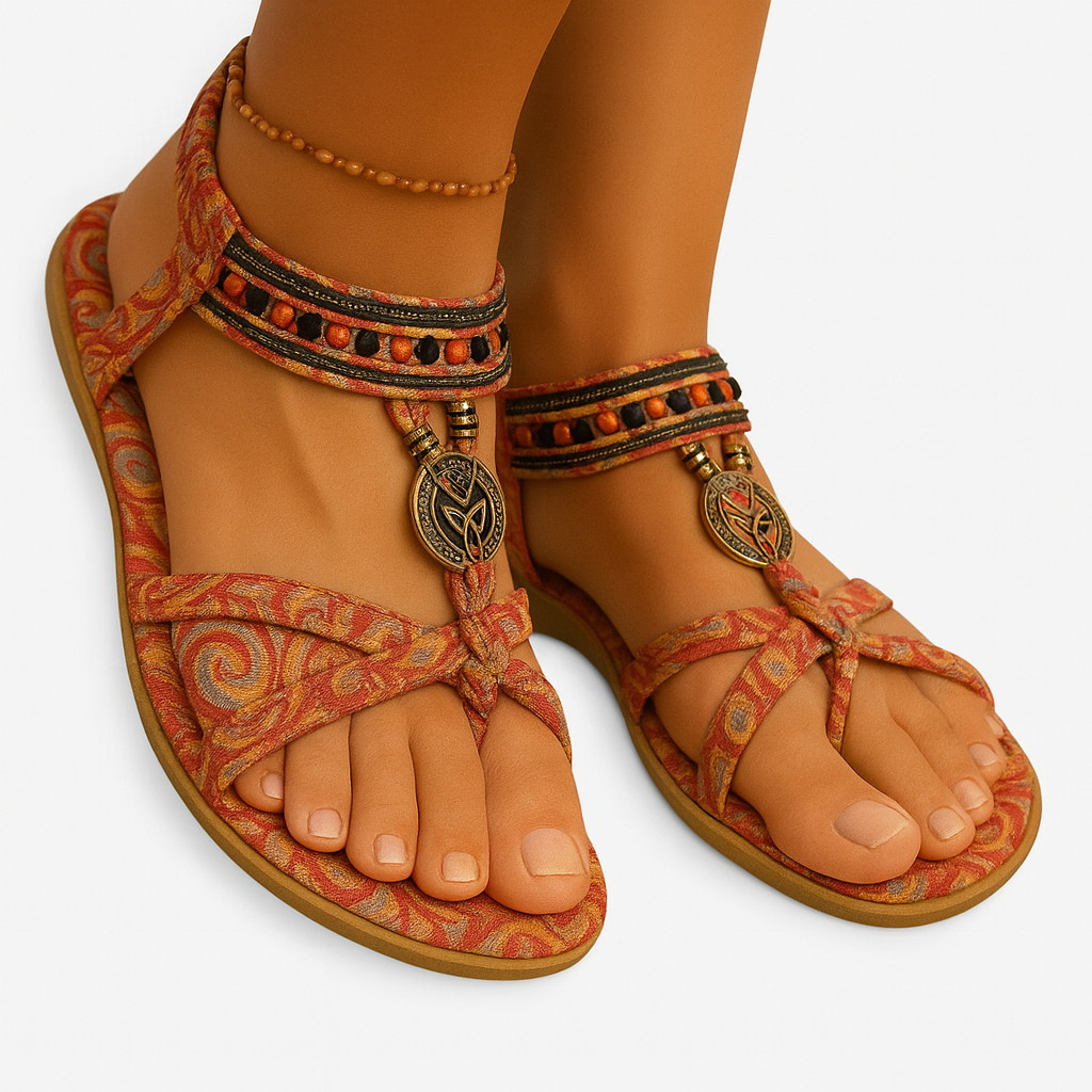 Multicolored Women's Boho Summer Sandals with Beaded Straps and Heeled Strap