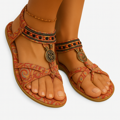 Multicolored Women's Boho Summer Sandals with Beaded Straps and Heeled Strap