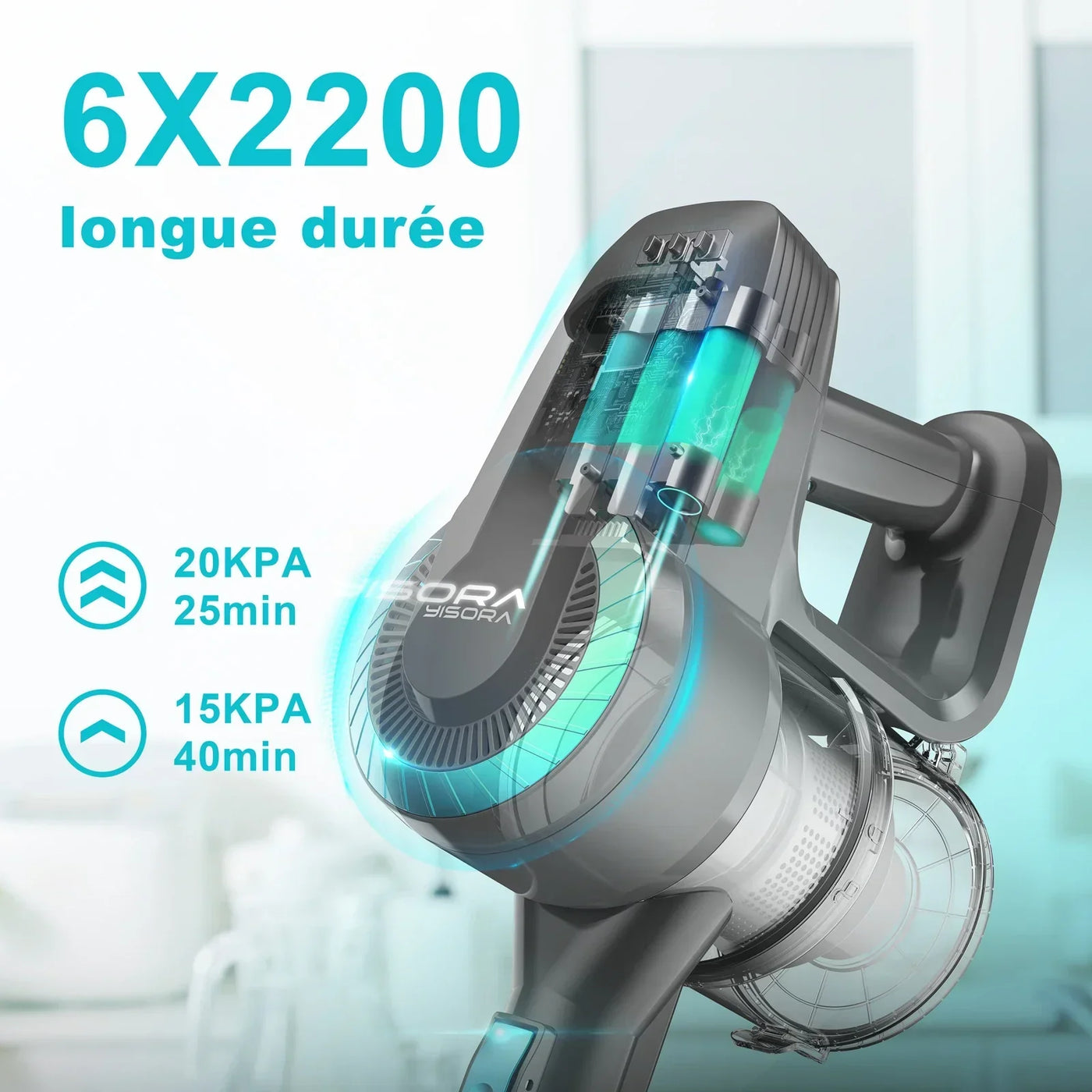 Aspirateur-balai 6-en-1 sans fil - avec brosse LED, batterie 2200mAh et fonctionnement silencieux (65dB)