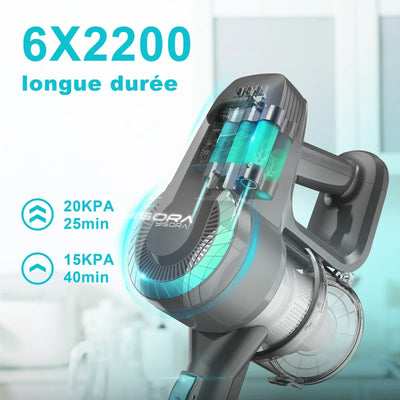 Aspirateur-balai 6-en-1 sans fil - avec brosse LED, batterie 2200mAh et fonctionnement silencieux (65dB)