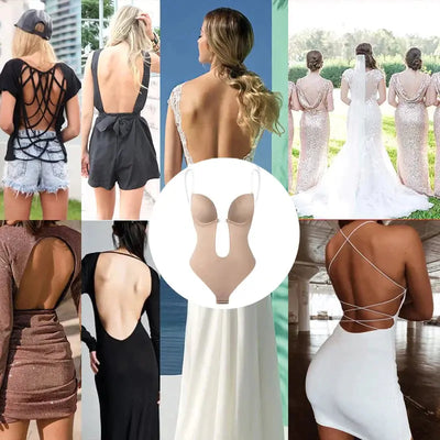 Montage de tenues dos nu élégantes pour femmes, incluant robes et tops, avec un body beige au centre. Mode féminine, style chic et tendance.