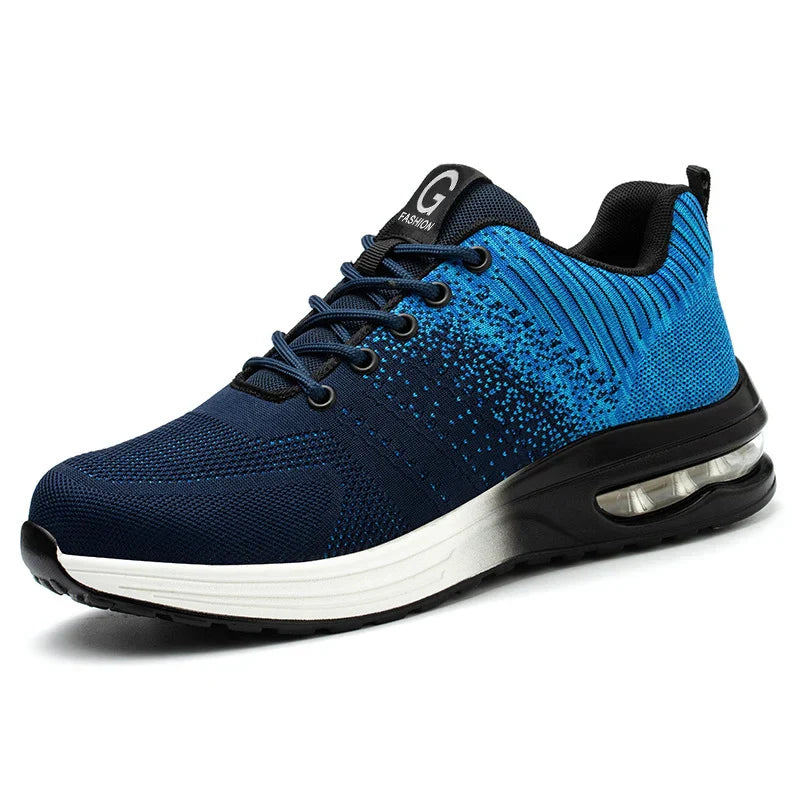 Chaussure de sport bleue pour homme avec semelle amortissante, design moderne et lacets noirs. Idéale pour course à pied et activités sportives.