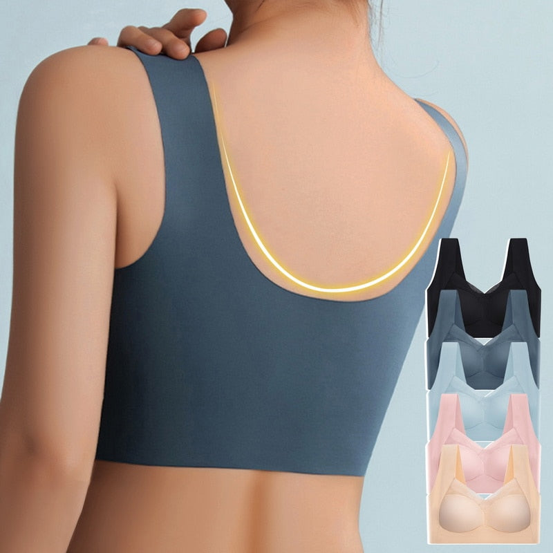 Dos d'une femme portant un soutien-gorge sans couture bleu, avec des options de couleurs affichées à droite. Confort, lingerie, mode féminine.