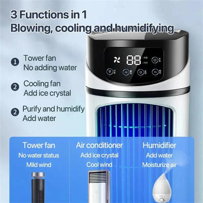 Ventilateur tour multifonction avec écran numérique, offrant ventilation, refroidissement et humidification. Idéal pour climatisation intérieure.