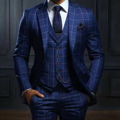 Costumes de luxe à carreaux bleu marine Slim Fit Notched
