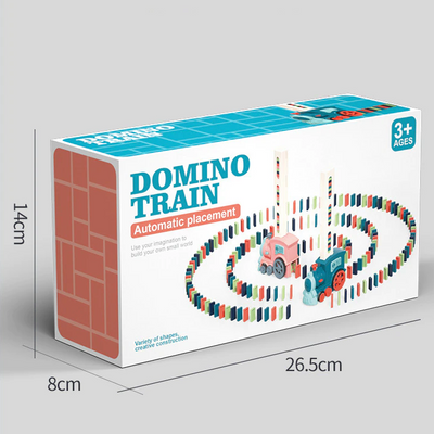 Boîte de jeu Domino Train pour enfants, placement automatique, dimensions 26,5x14x8 cm, jouet éducatif créatif, dès 3 ans.